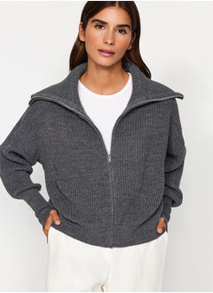 Buy Anthracite Turn-down Collar Zippered Knitted Cardigan TWOAW24HI00072 in Egypt