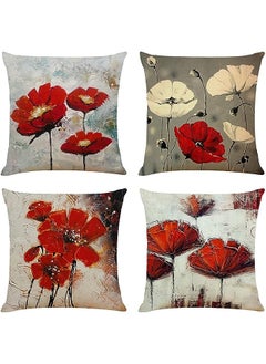 اشتري Pillow Covers, 4 Pack Red Flower Cushion Covers 18x18 inches Boho Linen Square Throw Pillow Cases for Living Room Sofa Couch Bed Decorative Pillowcases في الامارات