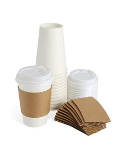 Buy Markq [50 Sets] Disposable Coffee Cups with Lids and Sleeves - 16 oz. White Hot Paper Cup in UAE