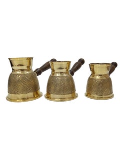 Buy Premium Brass Turkish Coffee Warmer Turkish Style Brass Coffee Pot with Wooden Handle, Gold Brass Coffee Warmer 3 PC Set in Saudi Arabia