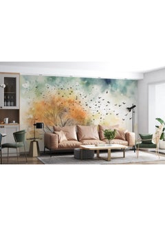 اشتري Watercolor Spring Tree With Flying Birds Fabric Wallpaper Covers An Area ​​Up To 4.2Mx3M With Adhesive And Smoothing Tool في مصر