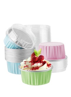 اشتري Disposable Foil Ramekins with Lids, 30pcs 5oz 125ml Aluminum Foil Muffin Liners Cupcake Baking Cups, Mini Pie Pans with Lids, Disposable Foil Baking Cups Containers for Creme Brulee في السعودية