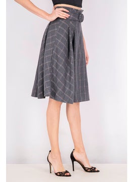 اشتري Women Plaid Belted Flared Skirt, Grey Combo في الامارات