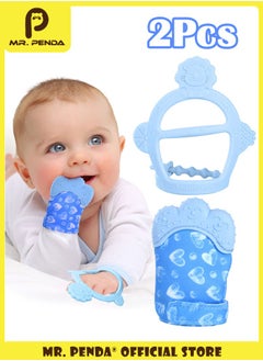 Buy 2 Pack Baby Teething Set,Teething Mittens for Baby, Includes Baby Chew Toy and Teething Glove, Silicone Mitten Teether Glove, Infant Soothing Pain Relief Mitt Baby Teether Mits for Baby (Blue) in Saudi Arabia