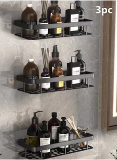 Buy 3-Pieces Bathroom Shelf Shower Shampoo Soap Organizer Wall Mounts Storage Rack Aluminum Black 31.5x14x5 cm in UAE