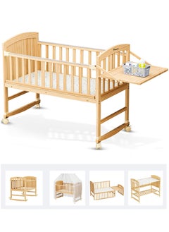 Buy 7 in 1 Convertible Kids Bed and Bedside Crib with Mattress, Mosquito net and Detachable Wheels Natural Wood in Saudi Arabia