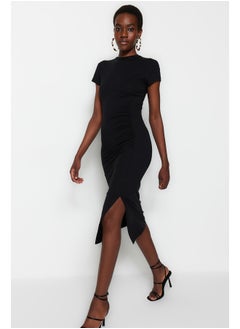 Buy Black Ruffle and Slit Detailed Knitted Dress TWOSS23EL00777 in Egypt