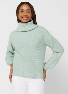 Buy Turtle Neck Ribbed Puff Sleeve Sweater in UAE