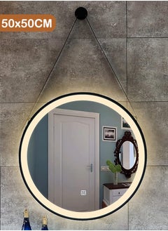 Buy Round Bathroom Mirror with Led Light Wall Mounted Vanity Mirror Smart Mirror with Sling And Black Frame Illuminated Makeup Mirror for Home Decor Size 50x50CM in Saudi Arabia