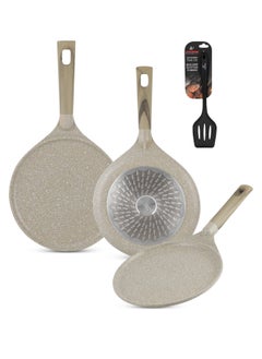 اشتري Crepe Pan Set with Silicone Turner -Die Cast Aluminum Body With Multi Layer Granite Non-Stick Coating | 100% PFOA FREE | Heat-Resistant Handle Hanging Loop (22/26/28 CM, Brown) في الامارات