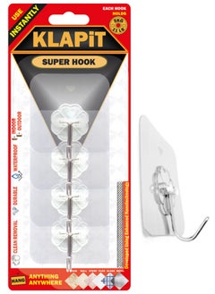 Buy KLAPiT Super Hook Heavy Duty Adhesive, Holds 11 Pounds or 5Kg Weight, Waterproof and Damage Free for Wall, Tile, Wood, Stone, Glass, Metal, Made of Steel (Clear, 4 pc) in UAE