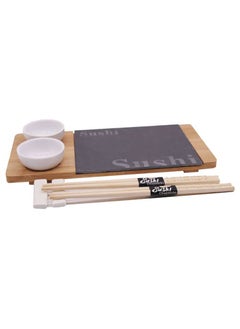 Buy Bamboo Ceramic Sushi Serving Tray Sets 7 Pieces Japanese Style Porcelain Sushi Plate Dinnerware with Soy Sauce Dishes with Bamboo Chopsticks in UAE