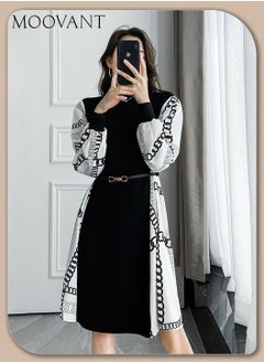 Buy Fashion Long Sleeve Dress for Women, Patchwork Printed Ice Silk Knitted Dress Round Neck Slim-fit with Belt in Saudi Arabia