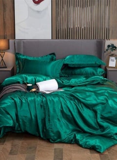 Buy Silky Satin, King Size 6-Piece Bedding Set Plain Green Color in UAE