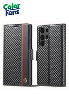 Buy Samsung Galaxy S24 Ultra Carbon Fiber Texture Phone Wallet Case PU Leather Shockproof Stand Phone Cover - Vertical Stripe in UAE