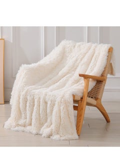 Buy Decorative Extra Soft Fuzzy Faux Fur Throw Blanket 50" x 63", Solid Reversible Lightweight Long Hair Blanket, Fluffy Cozy Plush Comfy Microfiber Fleece for Couch Sofa Bedroom, Cream White in UAE