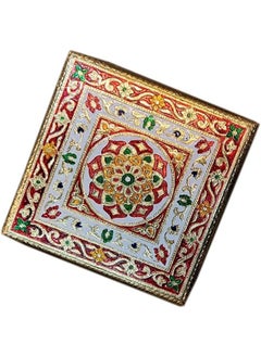 Buy Handcrafted Wood Minakari Chowki aluminium wrap Flower Design | Premium Quality Bajot with Metal Stand for Home & Office Decor Size (20 x 20 x 4) in UAE