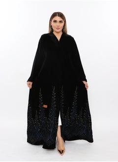 Buy Black velvet abaya with a floral pattern at the bottom in Saudi Arabia