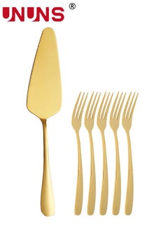 Buy Cake Knife And Fork Set,Stainless Steel Pizza Server With 6 Forks,Cake Shovel Dessert Fork Sets For Wedding Birthday Parties Events,Golden in Saudi Arabia