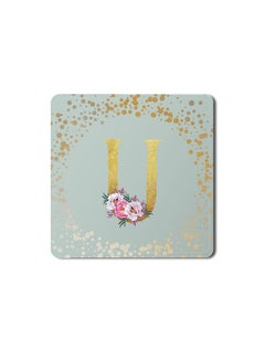 اشتري Designer Leather Coasters Mat for Beverage Drinks- Custom Monogram Initial Letter Floral Pattern Alphabet - U (Light Grey) في الامارات