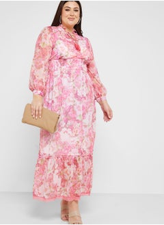 Buy Printed Tie Neck Fit & Flare Dress in Saudi Arabia