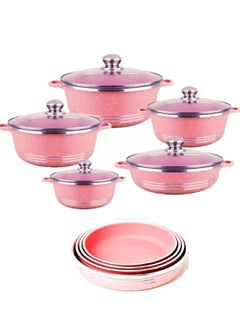 Buy 10 pieces Granite Coated Cookware set with 4 Pieces Bakeware Pan Set Pink in UAE