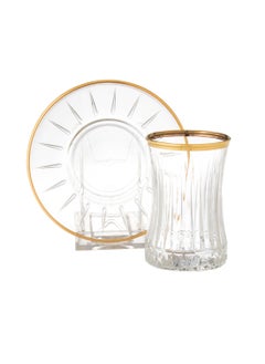 Buy Alicia glass tea cup set, 6 cups + 6 saucers, with golden decor in Saudi Arabia