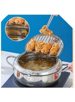 Buy Fryer Frying Pot Cooking Pot Japanese Style Stainless Steel Tempura Fryer with Thermometer Lid and Oil Drip Rack for French Fries Fish Crispy Meat in UAE