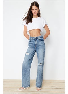 Buy Blue Ripped High Waist Wide Leg Jeans TWOSS24JE00073 in Egypt