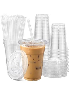 Buy Clear Plastic Cups with Lids and Straws for Iced Coffee, Smoothies, Milkshakes, and Cold Beverages - Set of 100, 12 oz in Saudi Arabia