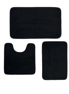 Buy 3-Pieces European Simple Style Toilet Floor Mat Suit Bathroom Carpet Set Polyester Fiber Black in UAE