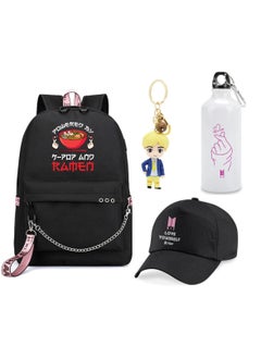 Buy BTS 4in1 Combo - Backpack - Cap - Keychain and Water Flask for True BTS Fans and Merchandise Gifts - Casual Shoulder Bag Travel with USB Charging Port For Girls in UAE