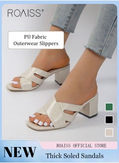 Buy Versatile Square Toe Slip On Sandals for Women Open Toe High Thick Heels Shoes Fashionable New Pattern Outer Wear Sandal in Saudi Arabia