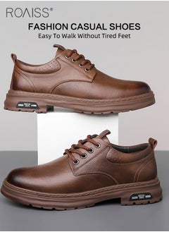 Buy Men's Round Toe Two Layers Cowhide Thick Sole, Anti-slip And Wear-resistant Low-cut Lace-up Casual Leather Shoes in UAE