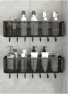 Buy 2-Piece Bathroom Rack Shower Shampoo Organizer Wall Mounted Storage Rack and Hooks Black 40x14x13 Centimeter in UAE