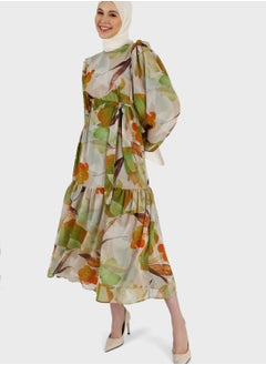 Buy Floral Print Tiered Puff Sleeve Dress in UAE