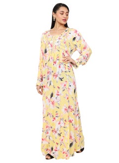 Buy FLORAL PRINTED FRONT LACE YELLOW COLOUR RAYON CRUSH FABRIC LONG ARABIC KAFTAN JALABIYA DRESS in Saudi Arabia