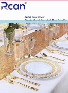 اشتري 150 Pcs/set Gold Upscale Wedding Dining Party Disposable Plastic Hollow-carved Cutlery Set, Party Supplies Plate, Spoon, Fork, Knife, Cup, Party Tableware (25 Guest) في السعودية