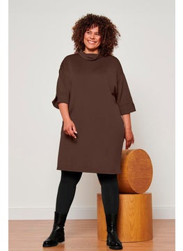 Buy Women Cowl Neck Plain Sweatshirt Dress, Dark Brown in UAE