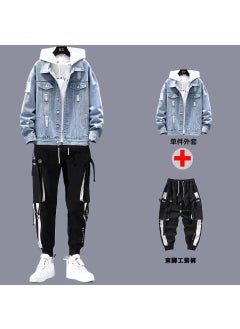 Buy Mens Casual Denim Jacket  Pants Set Spring 07 light blue + overalls in UAE