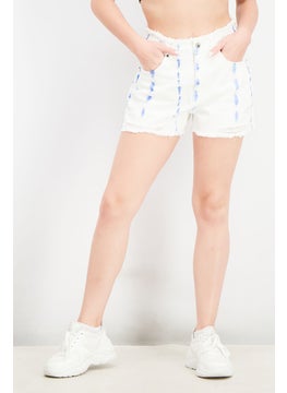 Buy Women Allover Print Denim Shorts, White and Blue in Saudi Arabia