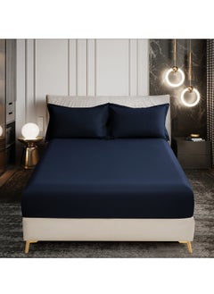 Buy Bedding Fitted Sheet 2-Pcs Twin Size Solid Bed Sheet Set Fits(120x200CM) With Pillowcases And 30 CM Extra Deep Brushed Microfiber Bed Sheet,Navy in Saudi Arabia