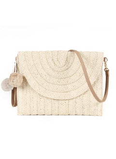 اشتري Straw Shoulder Bag Straw Clutch Women Hand-woven PomPom Straw Crossbody Bag Summer Beach Envelope Purse Wallet في الامارات