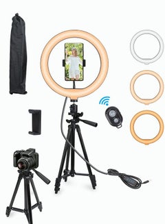 Buy 10" Selfie Ring Light with 50" Extendable Tripod Stand & Phone Holders, 3 Color Modes and 11 Brightness Ring Light for Makeup,Video Live Streaming, Compatible with iPhone & Android in UAE