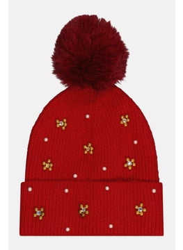 Buy Women Embellished Knitted Beanie, Red in UAE