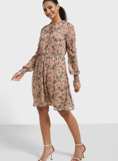 Buy Printed Tiered Ruffle Neck Dress in UAE