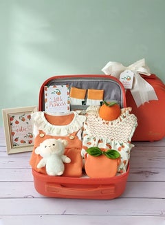 Buy Adorable Orange Themed Newborn Baby Giftset with Luxury Suitcase for Gifting Baby girl 9 in 1 in UAE