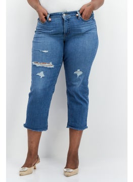 Buy Women Plus Size Distressed Cropped Jeans, Blue in Saudi Arabia