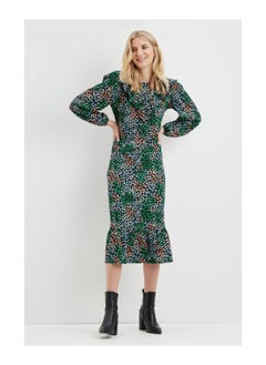 اشتري Multi Leopard Textured Ruffle Front Midi Dress في الامارات