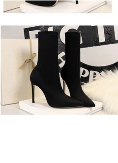 اشتري European And American Simple Women's Boots Slim Heel Pedicure Thin Pointed Lycra Elastic Ankle Boots Black في الامارات